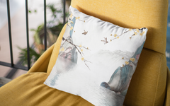 Birds Near Trees Water And Ink Landscape on Throw Pillow