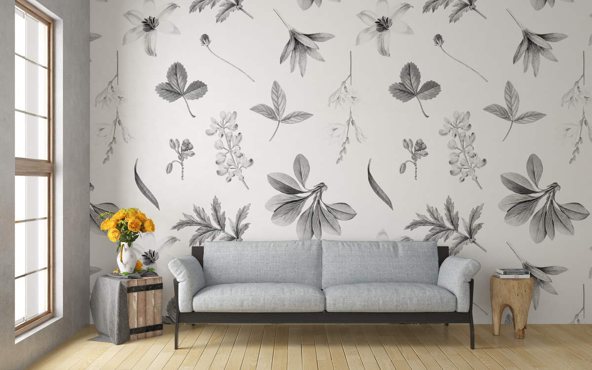 Black and White Plants and Leaves Pattern White BG Seamless