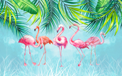 Flamingos on Flowing Tropical Leaves