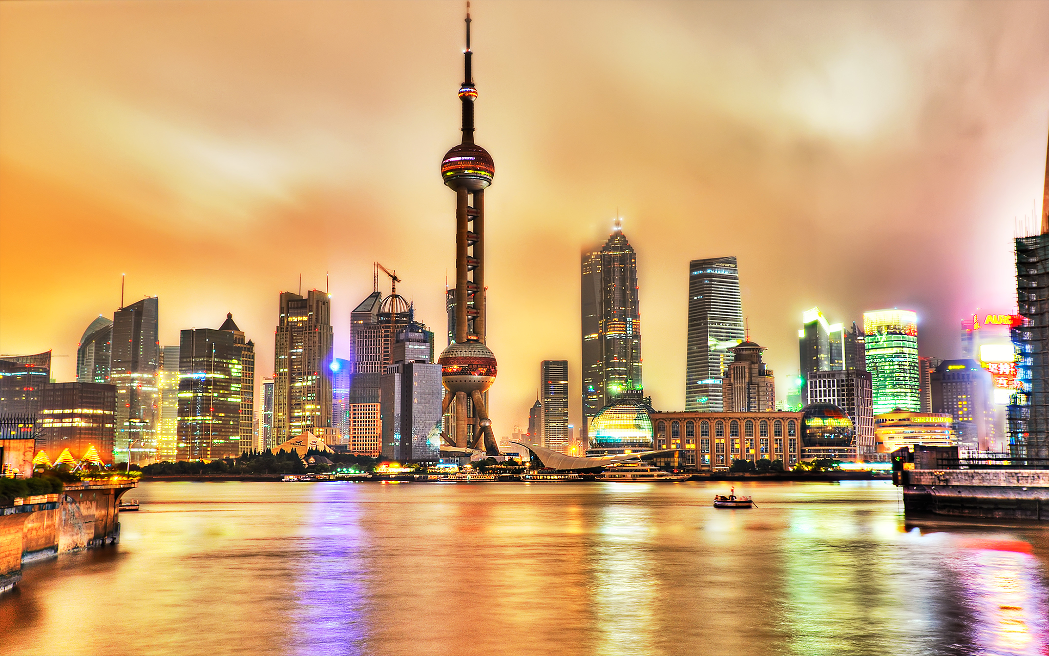 Shanghai City Skyline Yellow Tones Backdrop