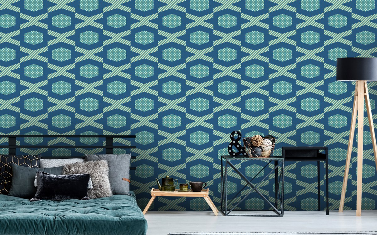 Hexagon-Like Shape Pattern Striped Blue BG Seamless