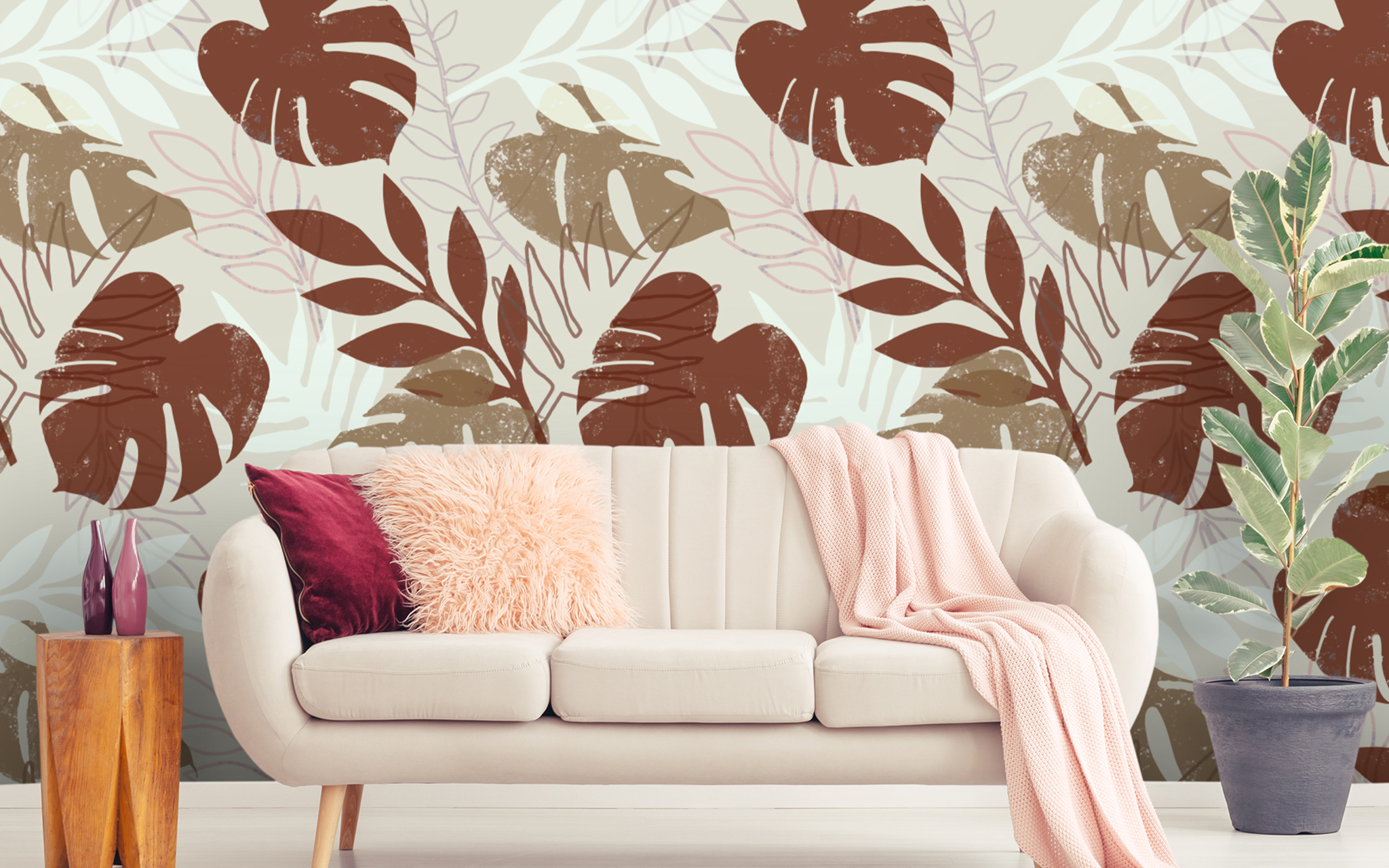 Maroon and Beige Leaves Pattern Off-White BG Seamless