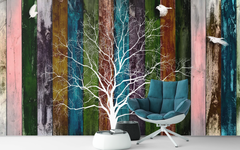 Naked White Tree in Multicolored Wood Background