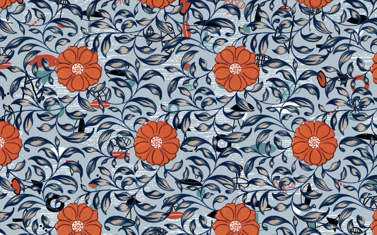 Orange Flower Pattern Light Gray BG Seamless