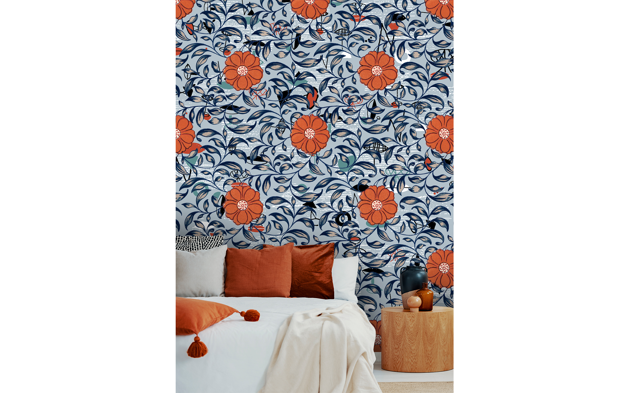 Orange Flower Pattern Light Gray BG Seamless