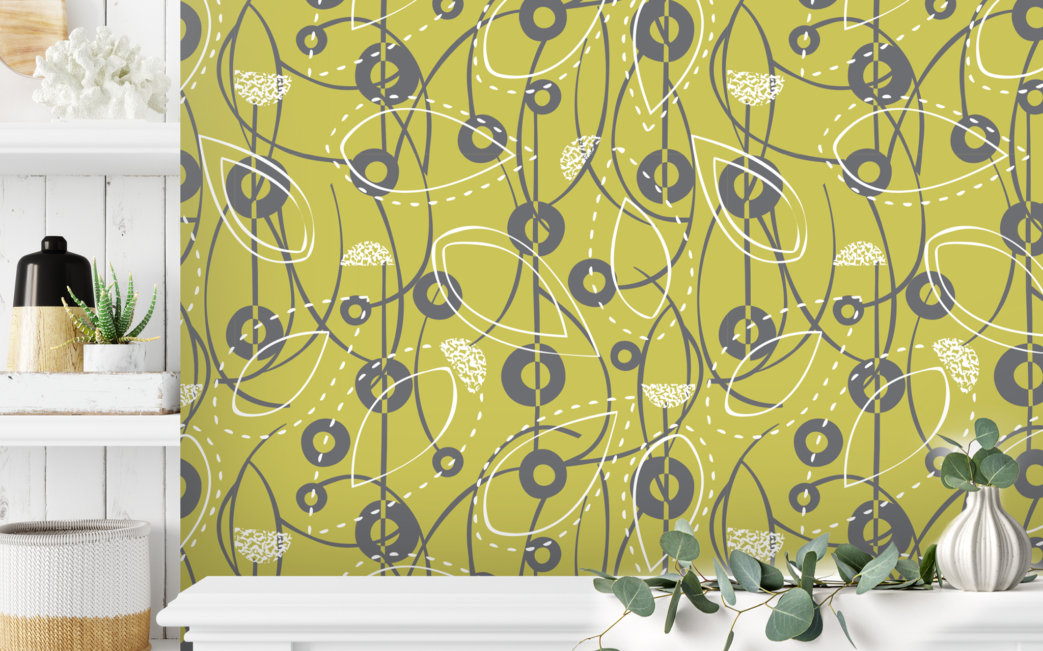 Outline Leaves and Circles Pattern Lime Green BG Seamless