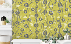 Outline Leaves and Circles Pattern Lime Green BG Seamless