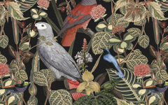 Parrot and Plants Black BG Seamless