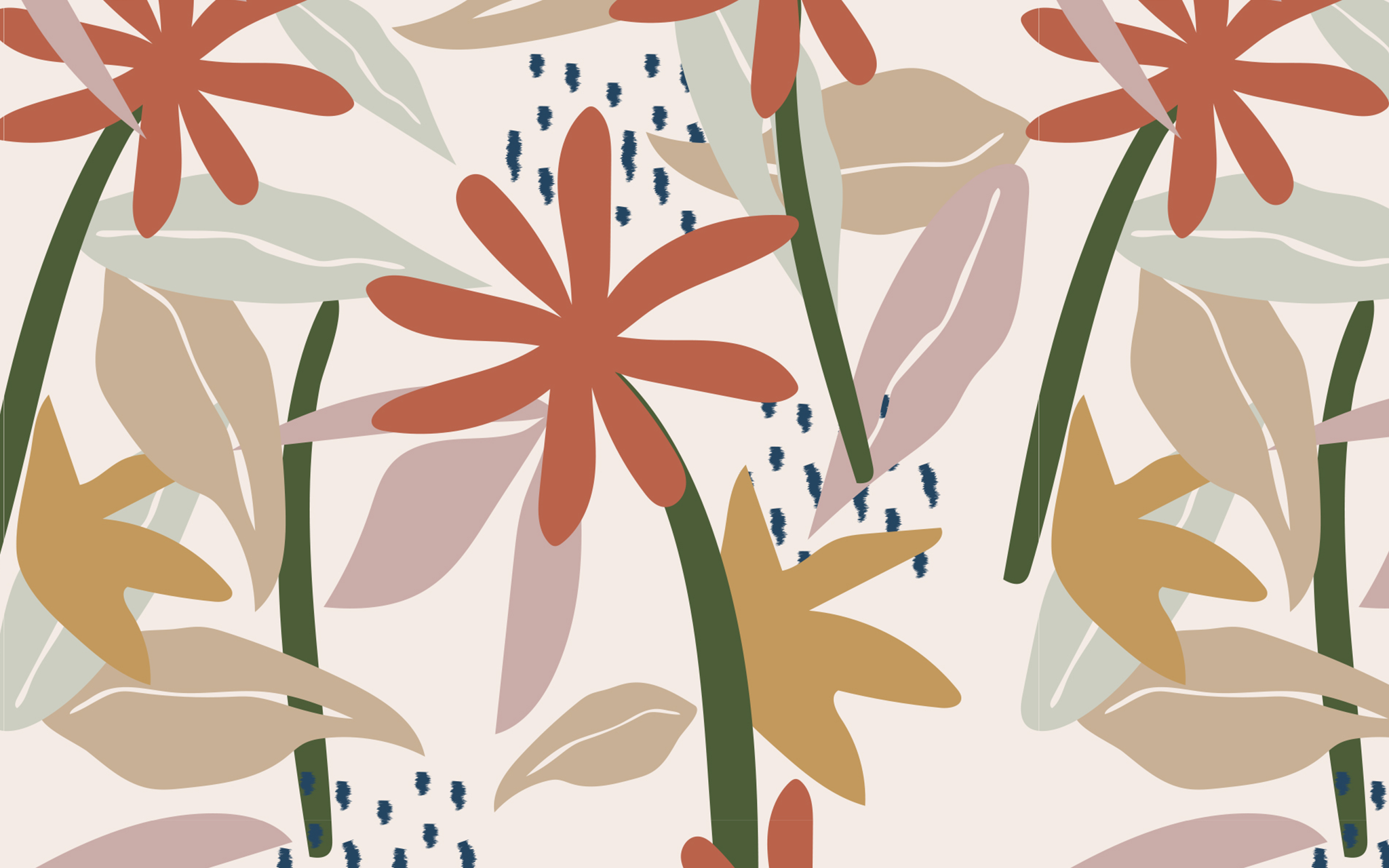 Rust Color Flowers Pattern Off-White BG Seamless