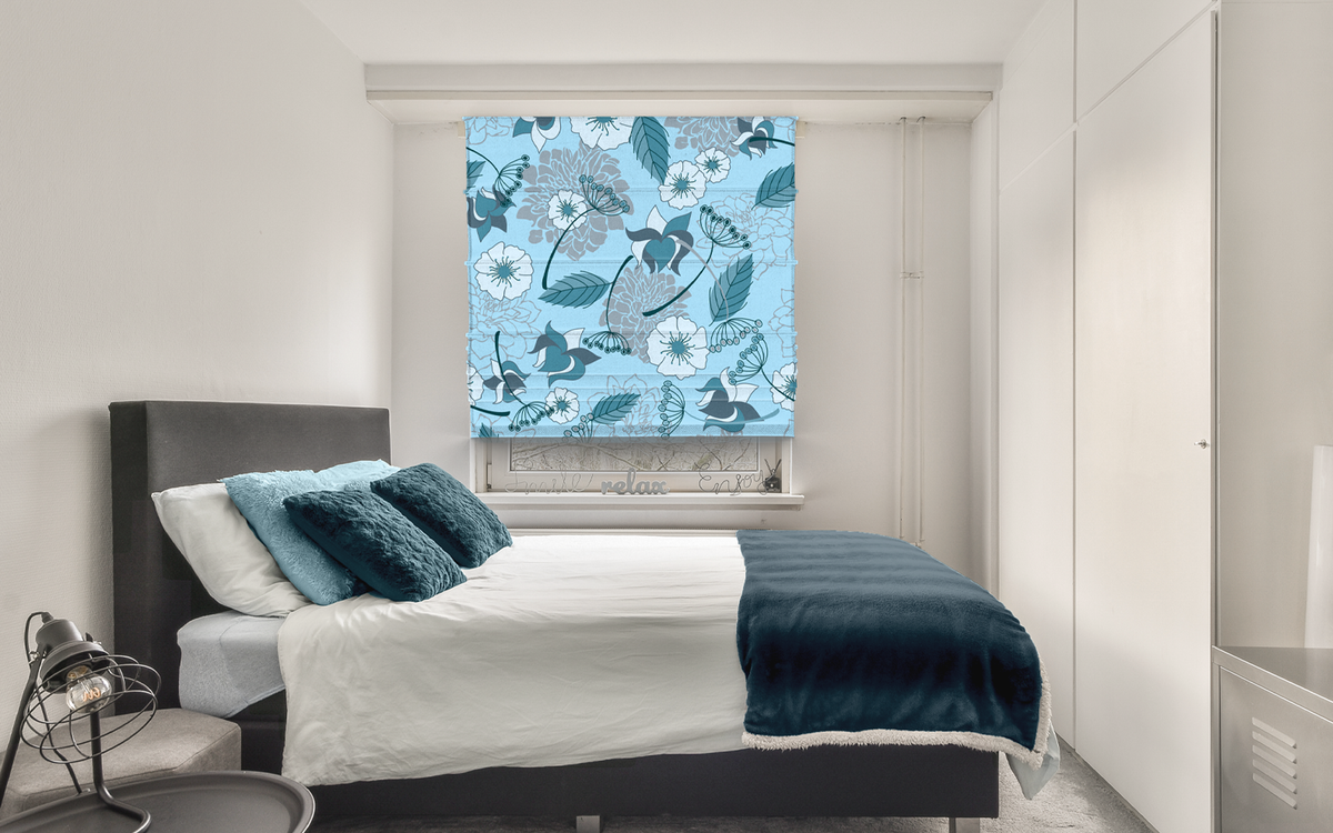 Various Flowers And Leaves Bluish Hue on Roman Shades