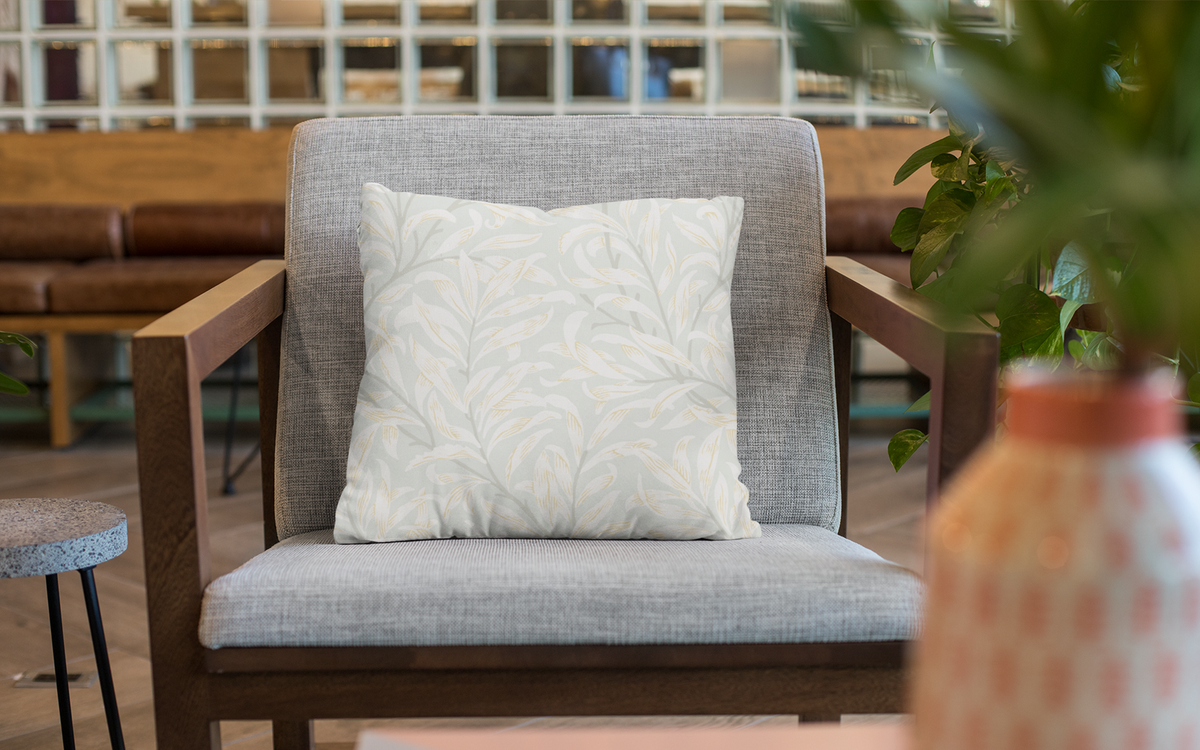 White Leaves Pattern Gray BG Seamless on Throw Pillow