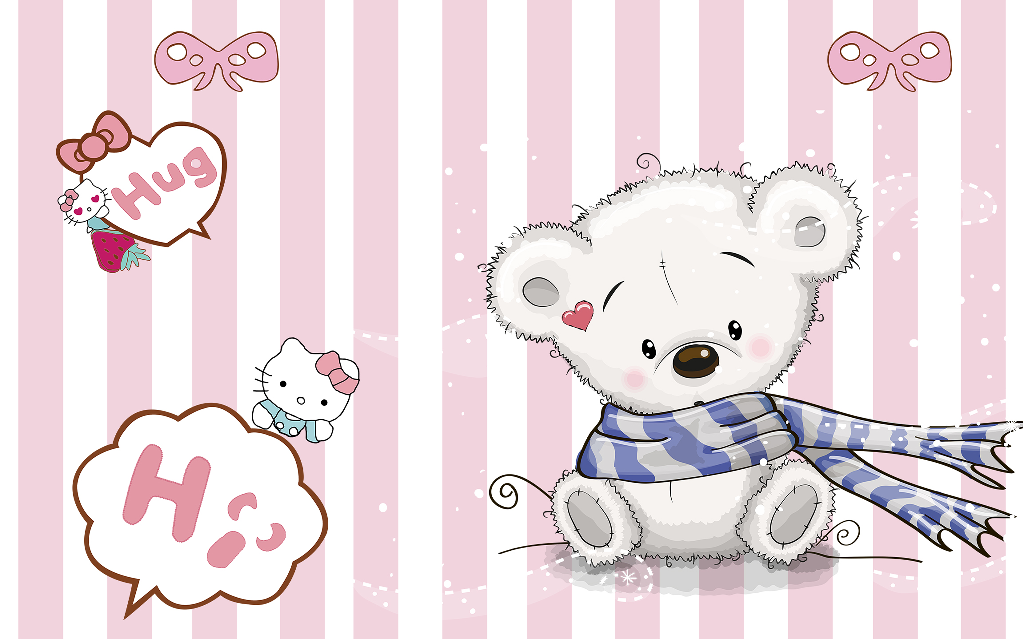 Teddy Bear and Hello Kitty in Pink and White Stripes