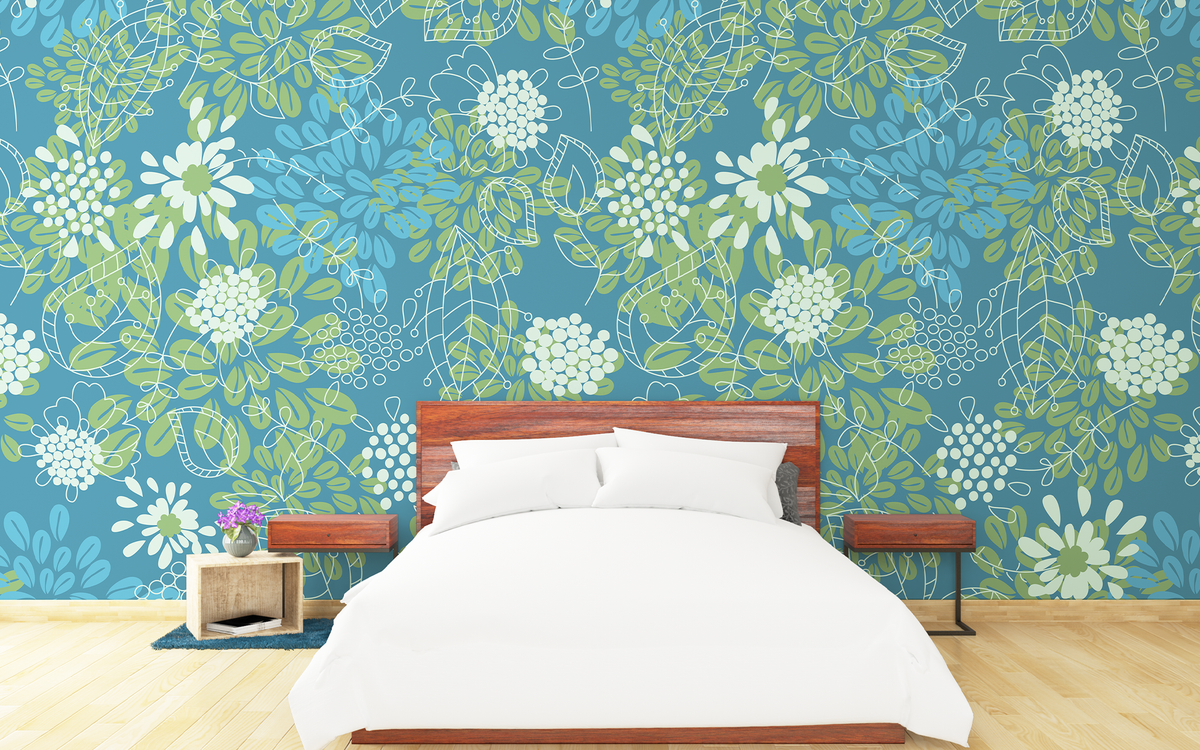 Assorted Leaves Pattern Teal BG Seamless